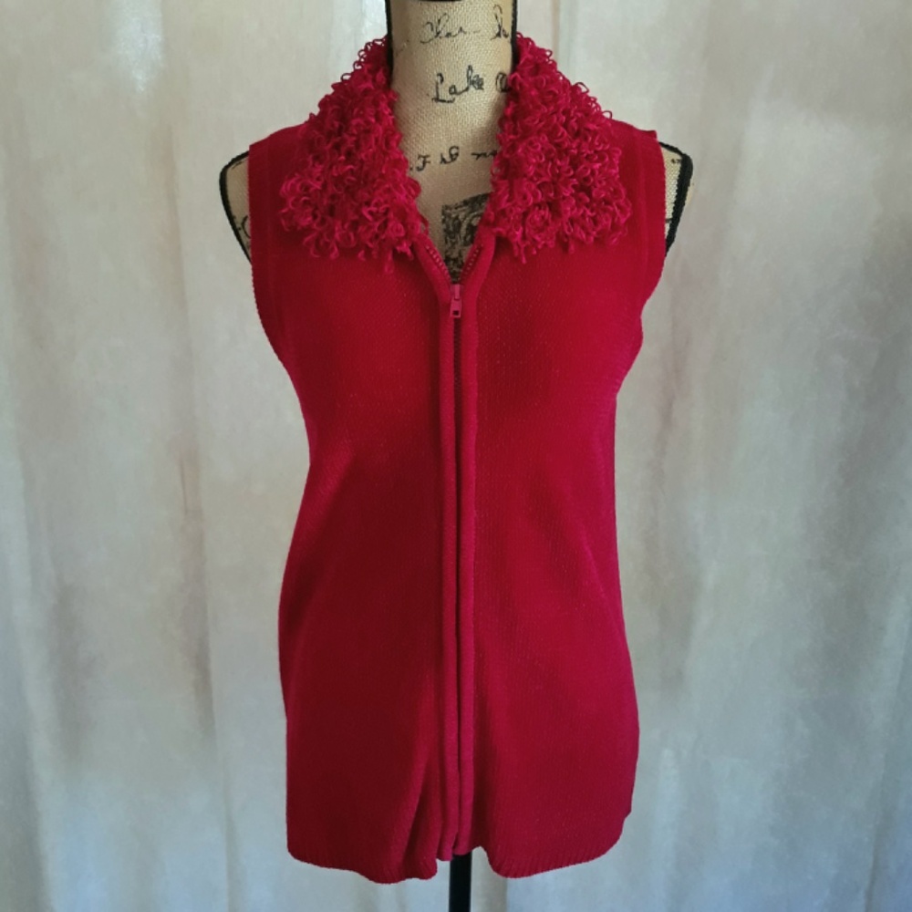 Red Full Zip Sleeveless Fringe Collared Sweater Vest Size S Acrylic Rayon